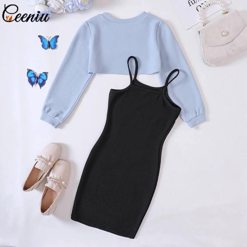 Ceeniu 7-12Y Teenage Clothes Girls Dress Sets Short Top Coat and Plaid Hip Children Dresses For Teenager Girls Teen Dress Lizbert