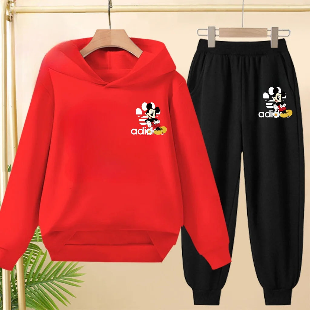 Children's Black Hoodie Anime Mickey Print Pullover 3-12Yrs Coat Sweatshirt+Pants Boys Girls Toddler Sports Clothing Leisure Set