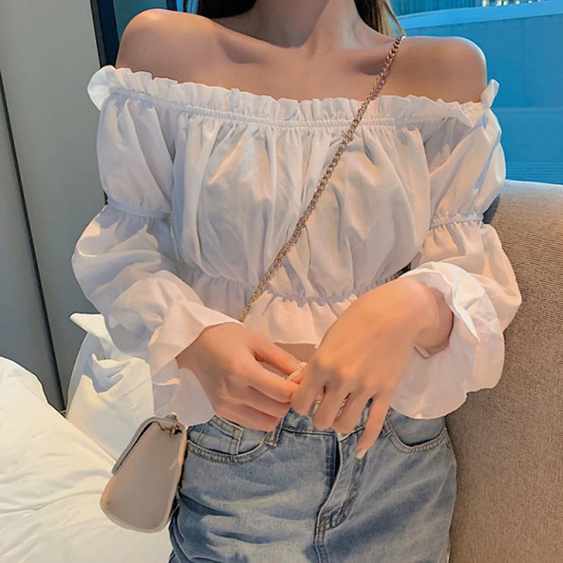 Women Top Sexy Blouse Off Shoulder Top Long Sleeve Solid Color White Shirt Puff Sleeve Ruffle Tunic Crop Top Summer Tube Top Lizbert