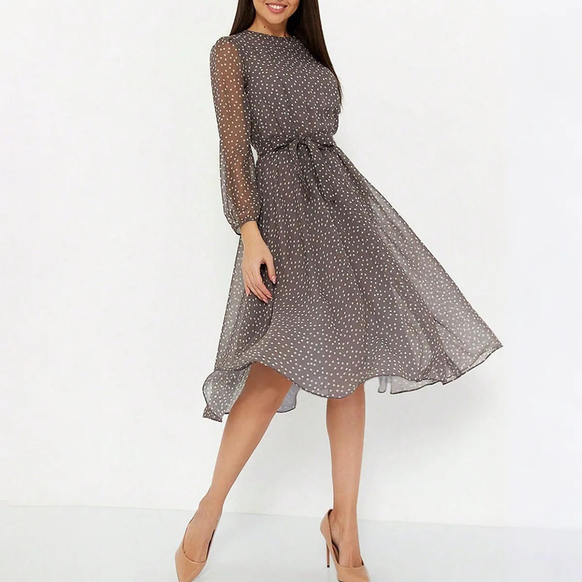 Print Dot Dress Women Casual Long Sleeve Round Neck Midi Dresses Lace Up Vocation Elegant Vestidos Summer 2025 Y2k Streetwear Lizbert