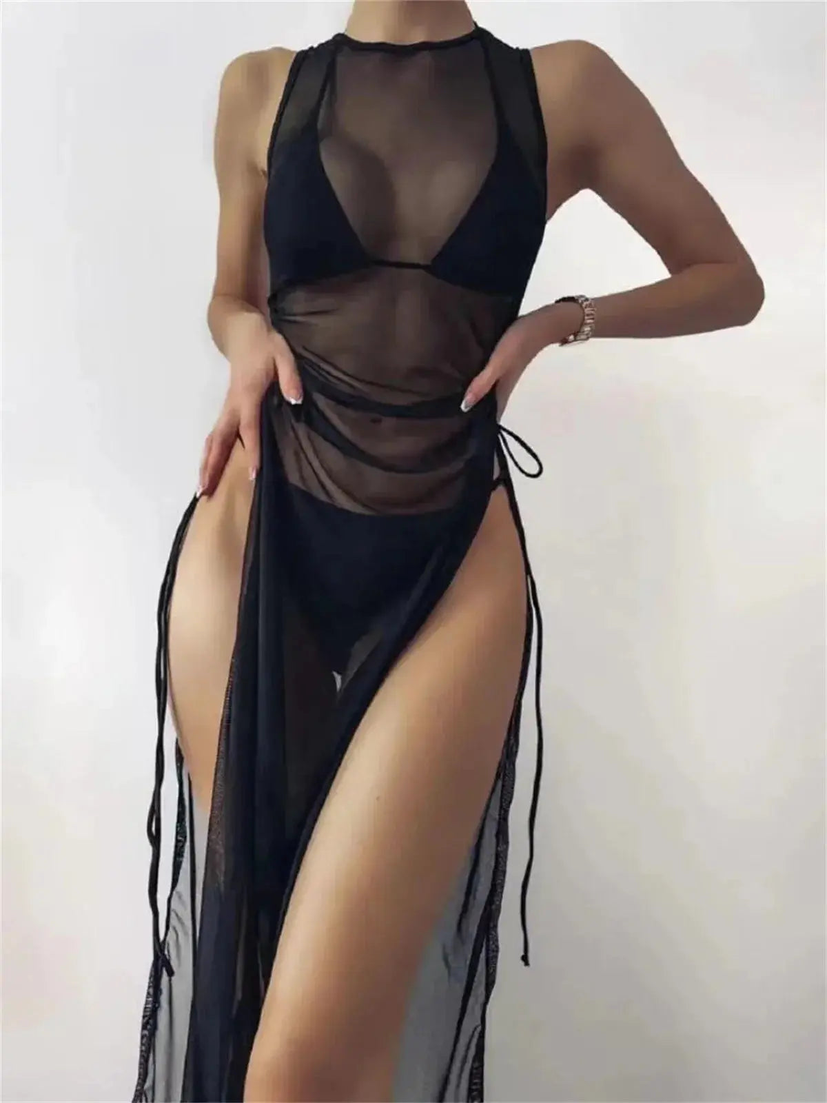 Sexy Sleeveless Mesh Bikini Cover Up Green White Dress 3 Piece Swimsuit Beach See Through Beach Bathing Suit Thong Swimwear 2024 Lizbert
