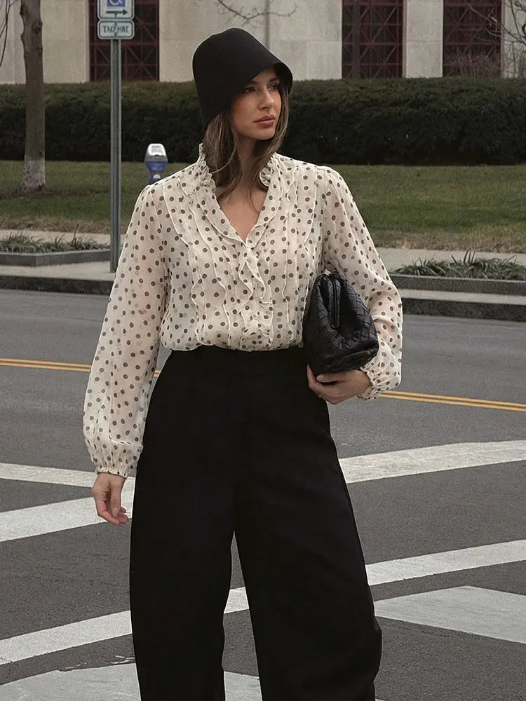 HH 2026 Spring Summer Trend Women Polka Dot Ruffled V Neck Blouse Long Sleeve Buttons Shirts Elegant Lady Chic Thin Shirt Tops Lizbert
