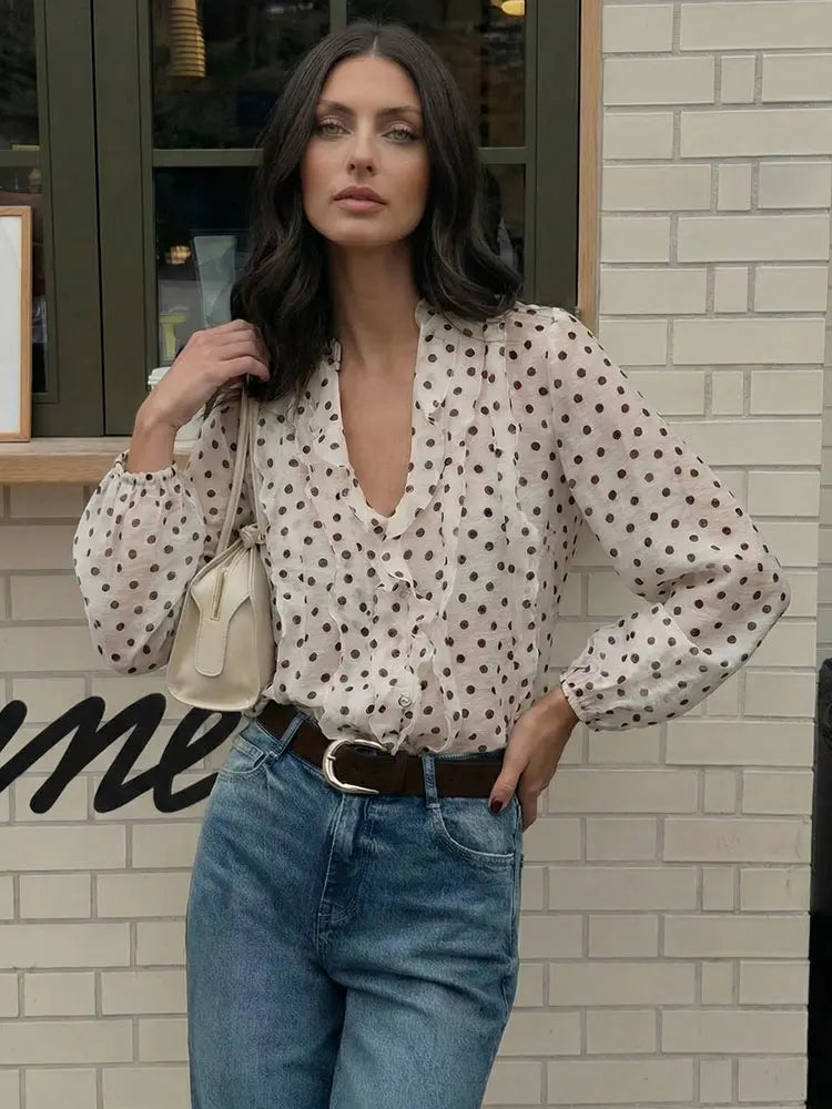 HH 2026 Spring Summer Trend Women Polka Dot Ruffled V Neck Blouse Long Sleeve Buttons Shirts Elegant Lady Chic Thin Shirt Tops Lizbert
