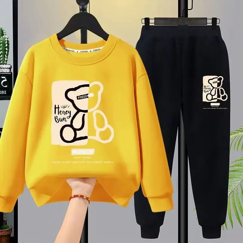 Spring Autumn Baby Girls Clothes Set Kid Boy Cartoon Bear Printed Cotton Sweatshirt Pullover&Pants 2pcs Suit Children Tracksuit