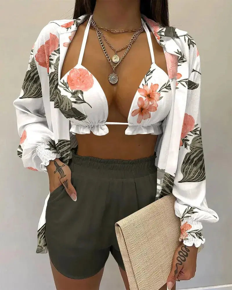 2024 New Bathing Suit Shorts Cover Up Summer Three Pieces Swimwear Sexy Beachwear High Waist Bikini Set Print Women's Swimsuit Lizbert
