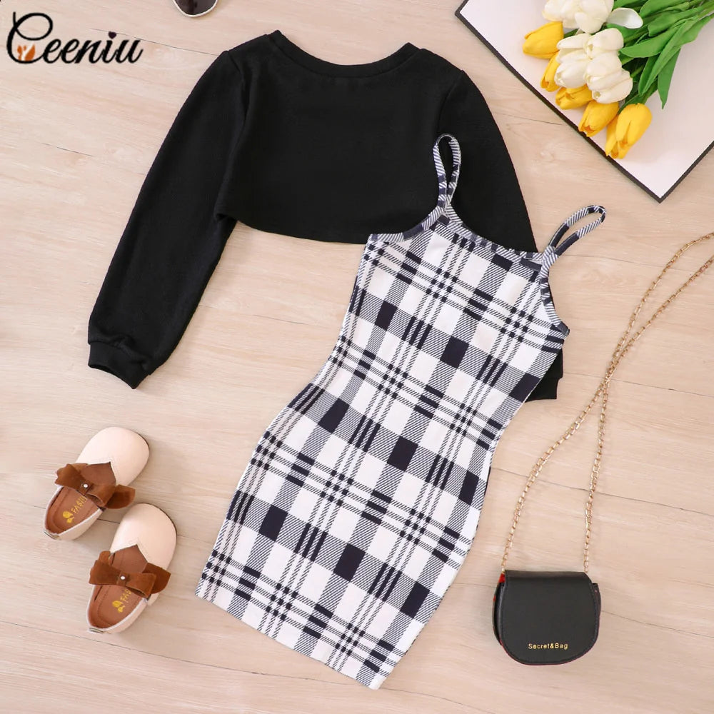 Ceeniu 7-12Y Teenage Clothes Girls Dress Sets Short Top Coat and Plaid Hip Children Dresses For Teenager Girls Teen Dress Lizbert