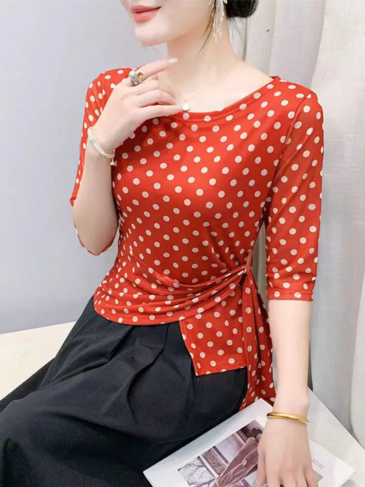 Summer Half Sleeve T-shirts Women Print Polka Dots Mesh Tops Girl Irregular Sweet Tshirt Lizbert