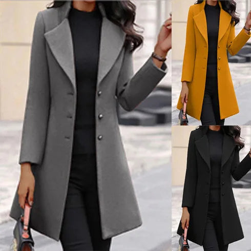 European and American autumn and winter coat Korean solid color slim mid-length button woolen coat Lizbert
