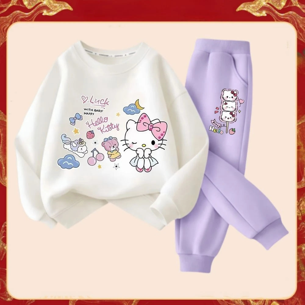 Spring Autumn Girl's Fashion Clothes Sets Kids Cartoon Hello Kitty Print Sweater Pullover Tops & Pants 2Pcs Outfit Tracksuit