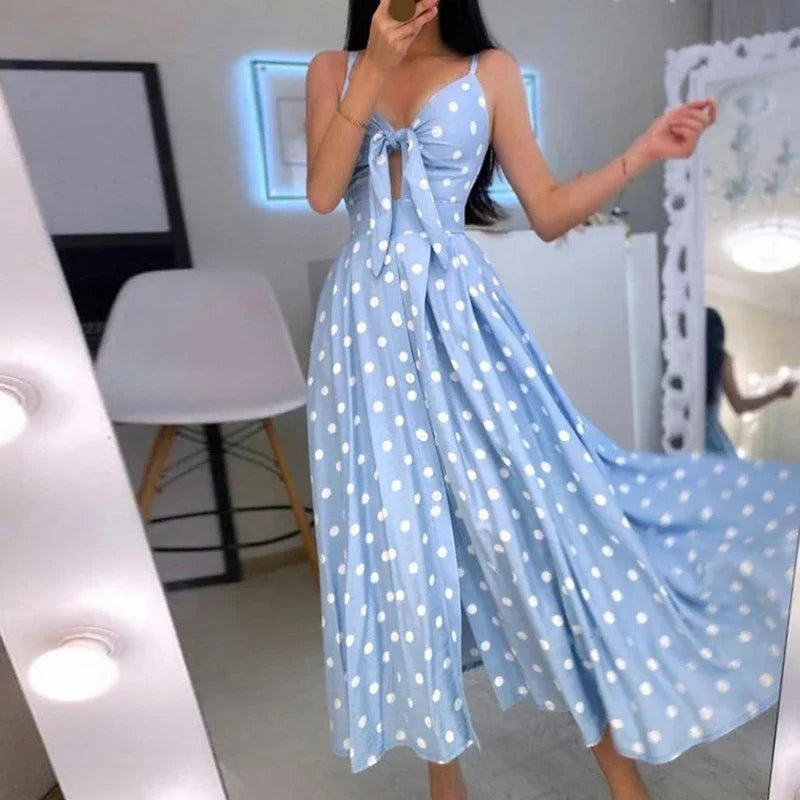 Sexy Summer Women V-Neck Sling Backless Dress Elegant Hollow Out BowKnot Long Party Dress Fashion Femme Dot Maxi Dress Vestido - Lizbert