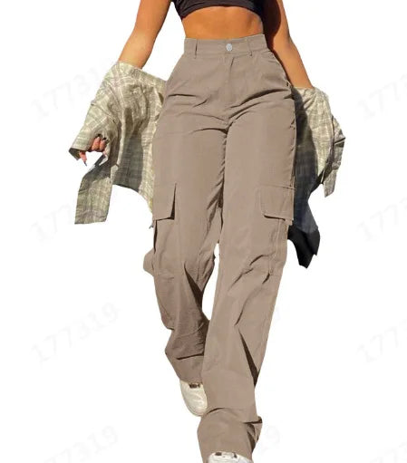 Women's Loose Cargo Pants High Waist Wide Leg Solid Color Full Length Trousers With Pockets Casual All Seasons Long Pantalones - Lizbert