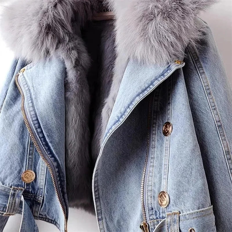 Women's Winter Denim Jacket Coat Fleece Lined Warm Cowboy Style With Removable Faux Fox & Rabbit Fur Liner Short Design Lizbert