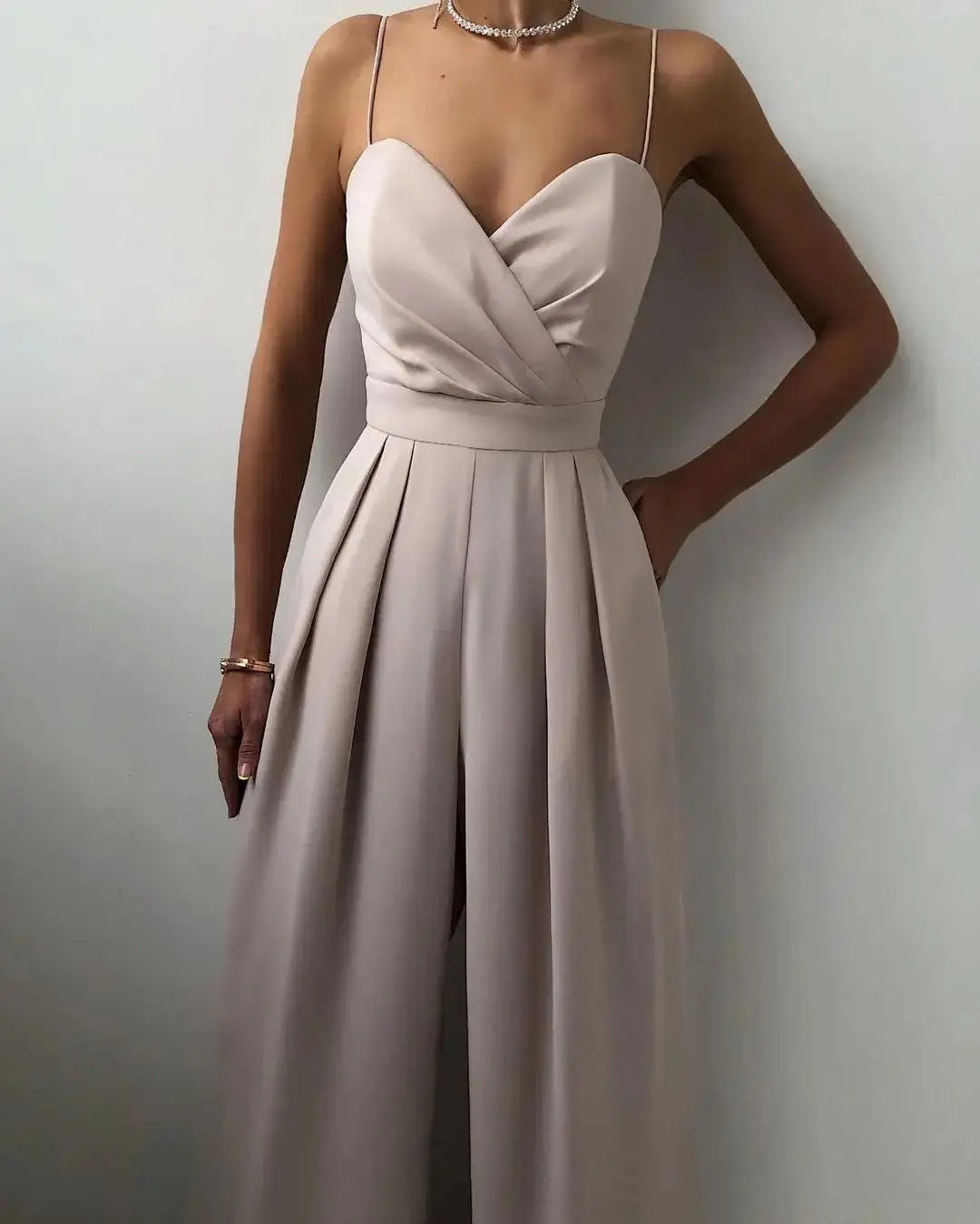 Chic Spaghetti Straps Wide Leg Pants Jumpsuits Elegant Fashion Women Ladies V-Neck High Waist Long Rompers Sleeveless Suit Lizbert