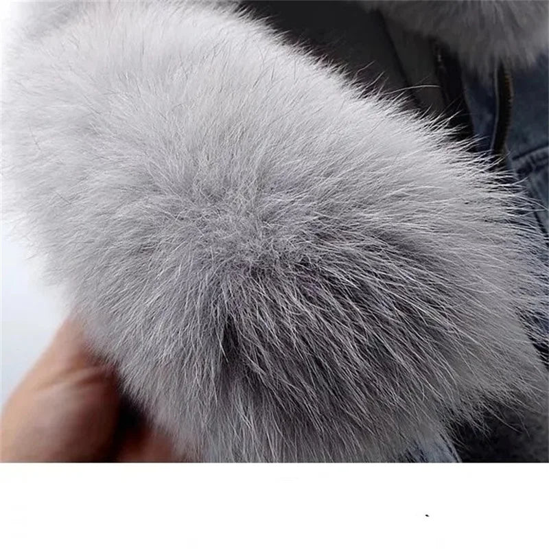 Women's Winter Denim Jacket Coat Fleece Lined Warm Cowboy Style With Removable Faux Fox & Rabbit Fur Liner Short Design Lizbert