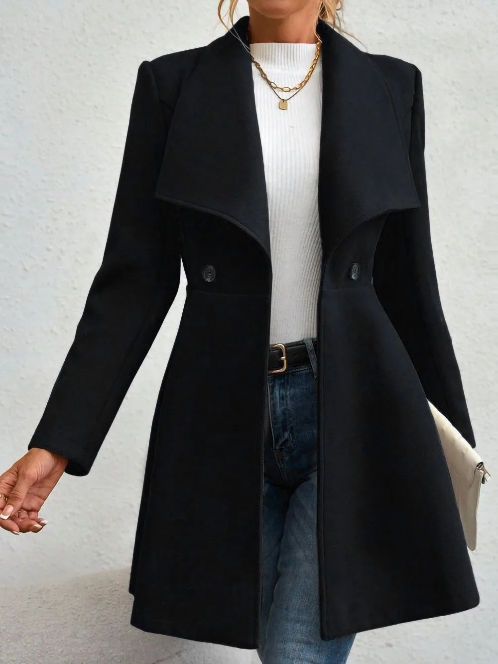 Europe America Autumn Winter New Style Womens Woolen Coat Fashion Trendy Lapel Button Slim Fit Solid Color Versatile Overcoat Lizbert