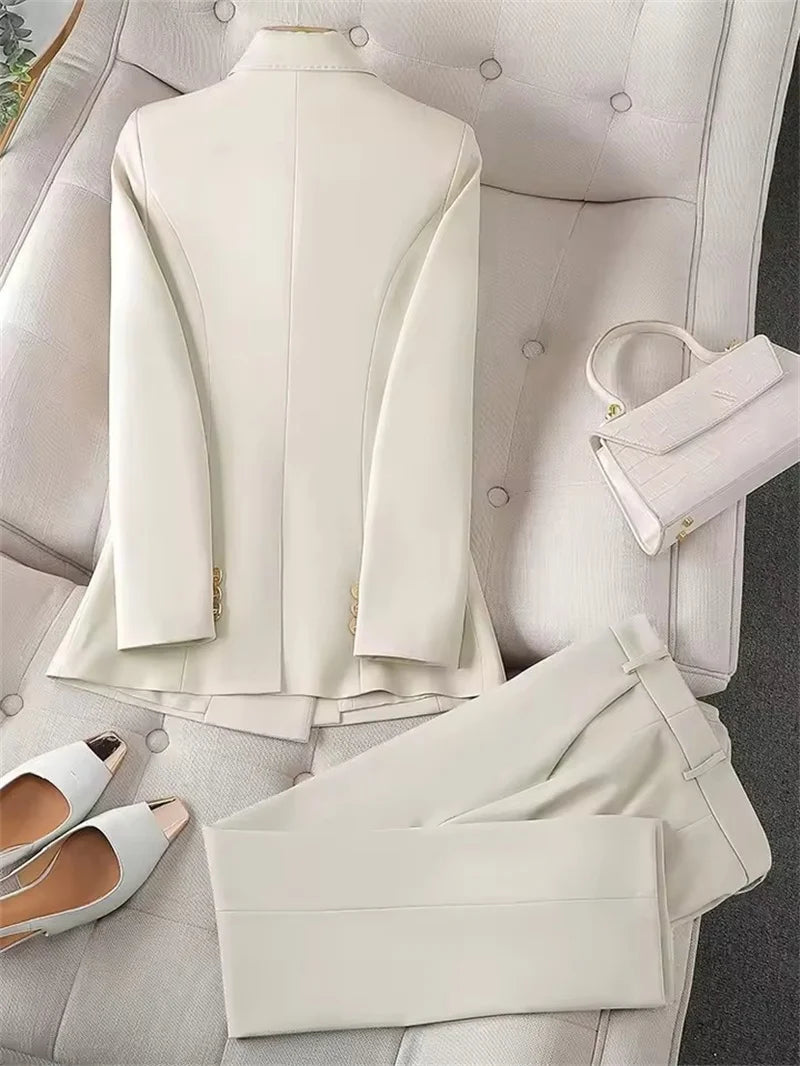 Fashion Office Ladies Pant Suit 2 Piece Sets Women Solid Double-breasted Business Work Wear Blazer Jacket and Trouser Female Lizbert