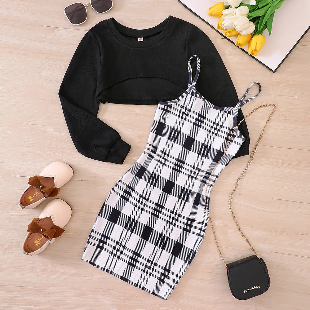 Ceeniu 7-12Y Teenage Clothes Girls Dress Sets Short Top Coat and Plaid Hip Children Dresses For Teenager Girls Teen Dress Lizbert