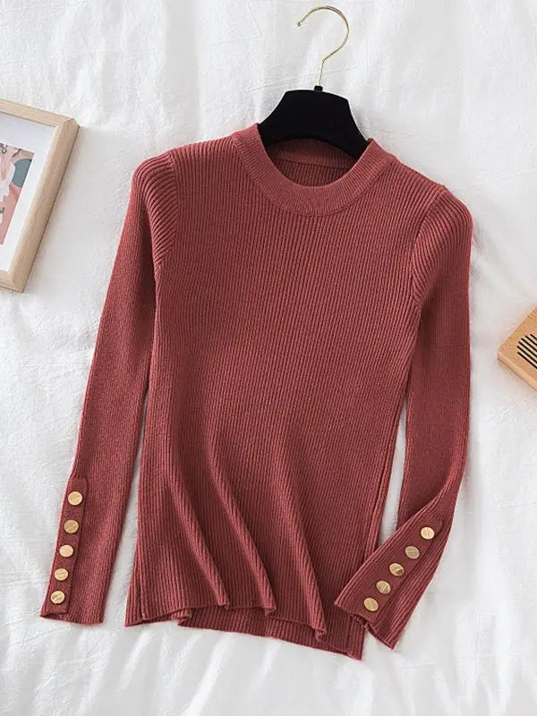 2025 women thick sweater pullovers khaki casual autumn winter button o-neck chic sweater female slim knit top soft jumper tops - Lizbert