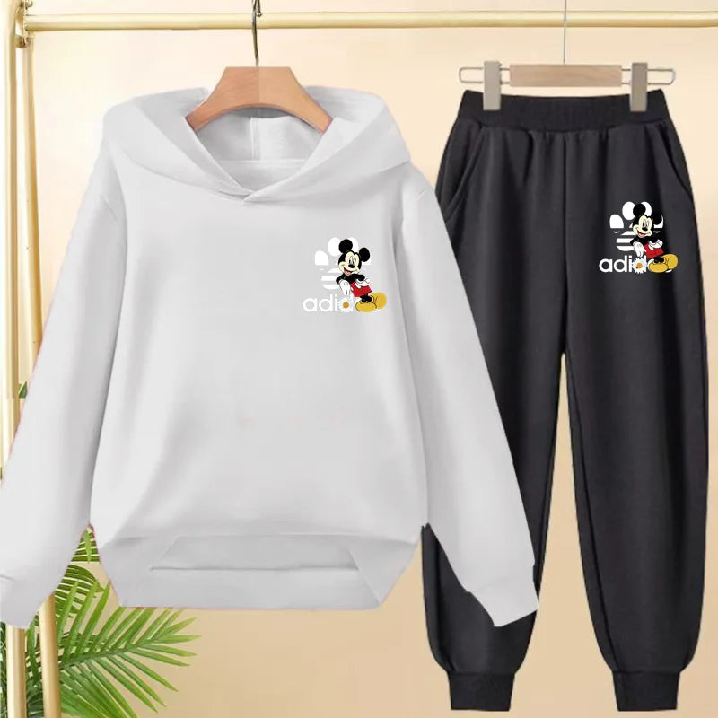 Children's Black Hoodie Anime Mickey Print Pullover 3-12Yrs Coat Sweatshirt+Pants Boys Girls Toddler Sports Clothing Leisure Set