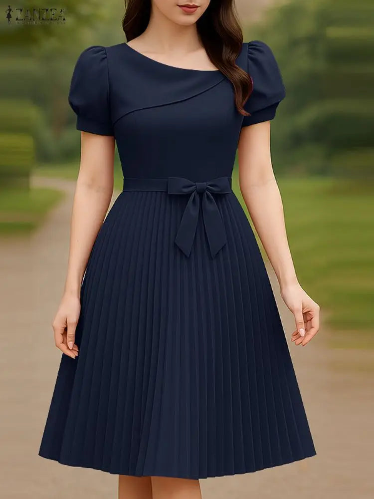 Elegant Square Neck Party Dresses ZANZEA Women 2025 Summer Dress Puff Sleeve OL Work  Vestidos Midi Robe Solid Pleated Sundress Lizbert