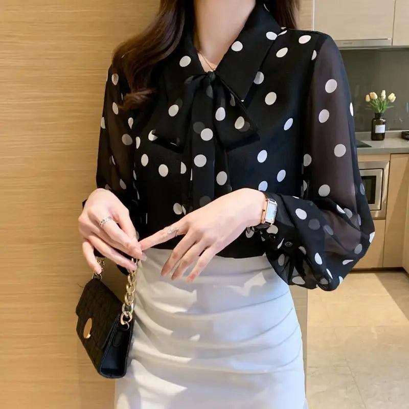 Spring Summer Polka Dot Printing Chiffon Shirt Women Fashion Turn-down Collar Bow Long Sleeve Blouse Female Single Breasted Tops Lizbert