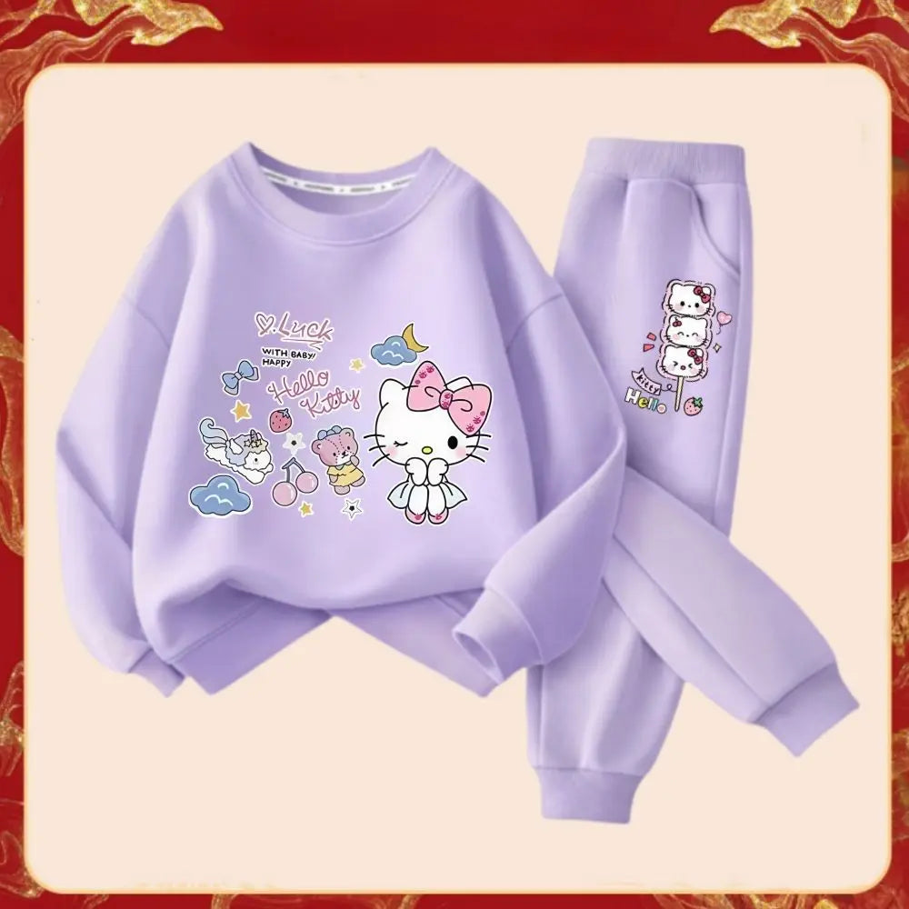Spring Autumn Girl's Fashion Clothes Sets Kids Cartoon Hello Kitty Print Sweater Pullover Tops & Pants 2Pcs Outfit Tracksuit