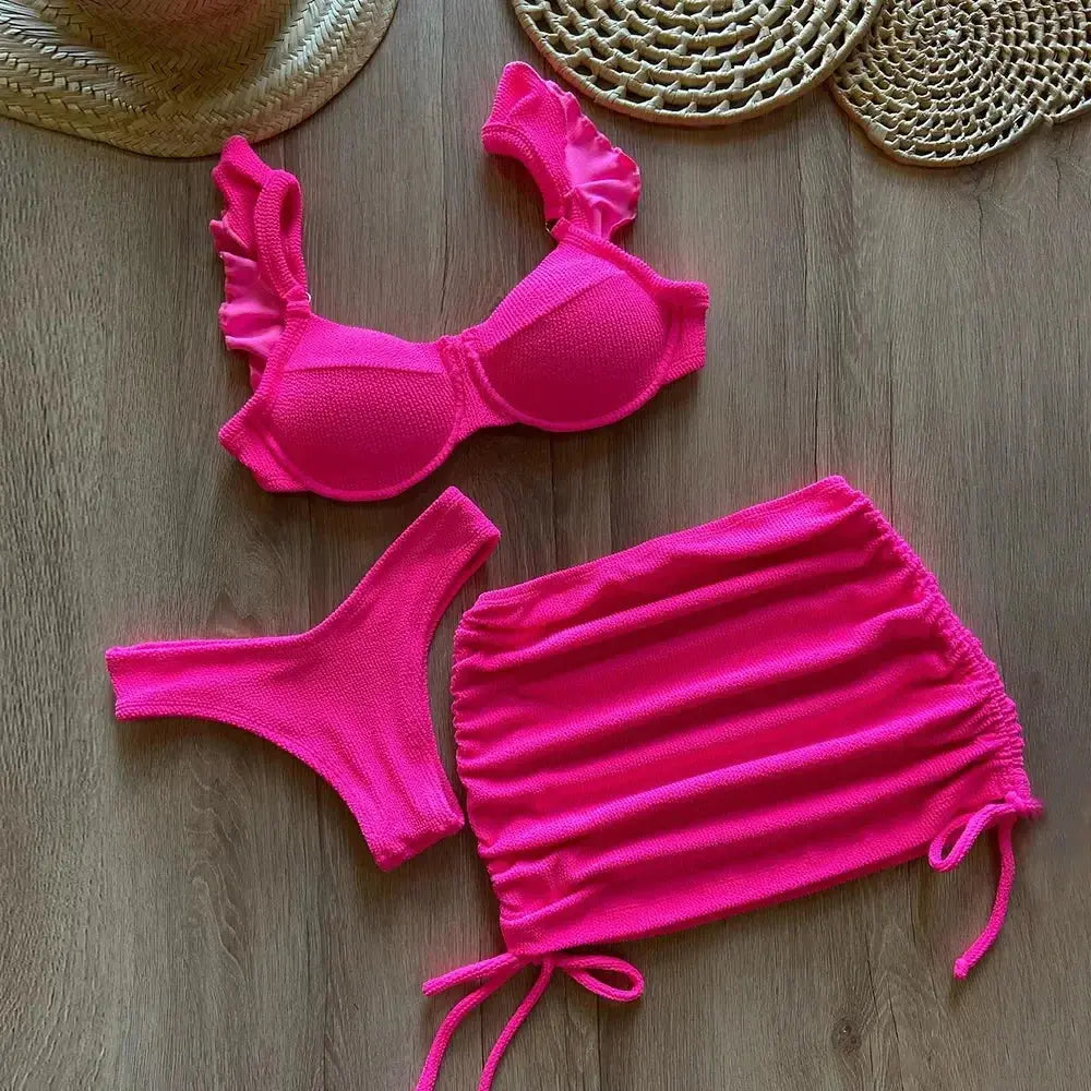 Solid Wavy Fabric Low Waist Bikini Set Cover Up Swimsuit For Women Push Up Ruffle Three Pieces Swimwear 2025 Beach Bathing Suits Lizbert