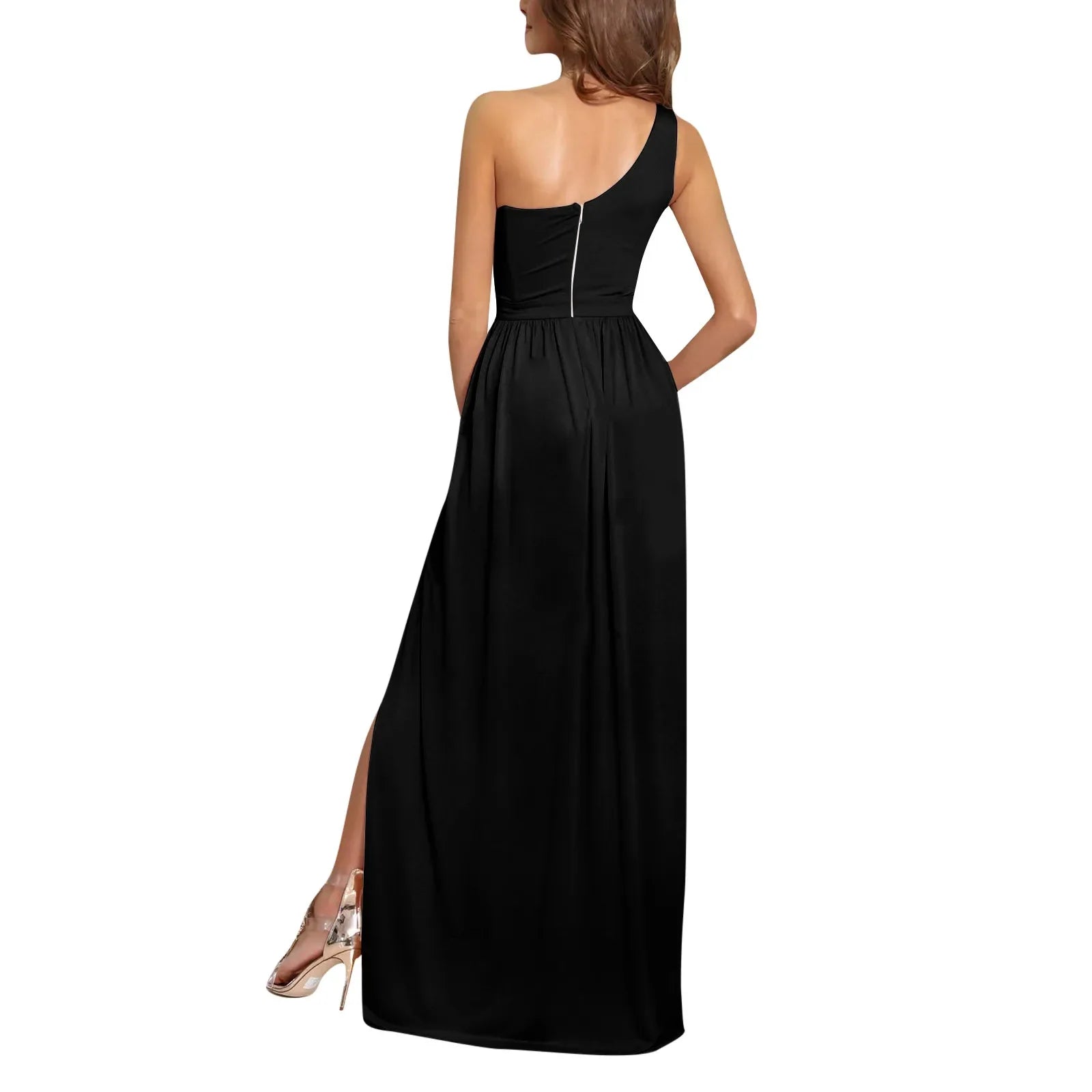 Lady Elegant One Shoulder Sleeveless Party A-line Dress Women Red Solid Sexy Prom Evening Dresses High Slit Long Maxi Vestidos - Lizbert