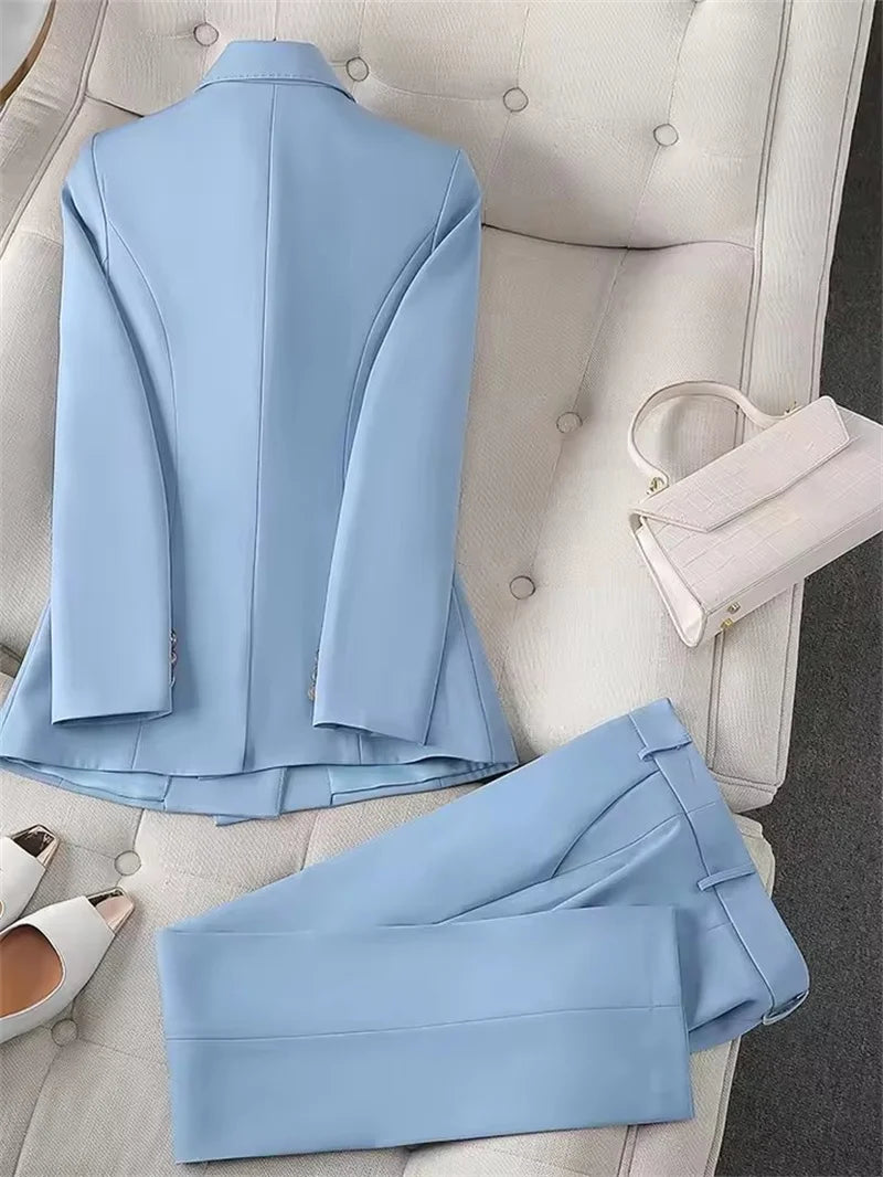 Fashion Office Ladies Pant Suit 2 Piece Sets Women Solid Double-breasted Business Work Wear Blazer Jacket and Trouser Female Lizbert