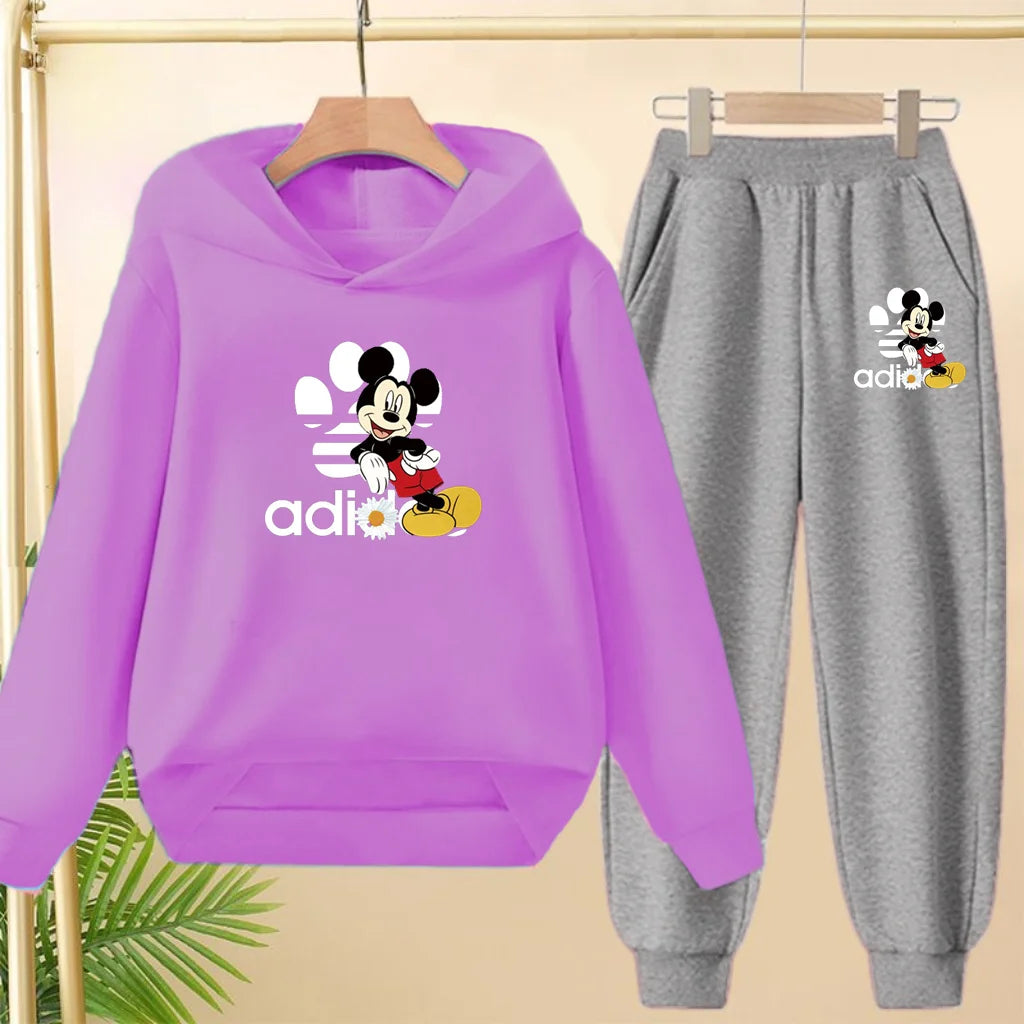Children's Black Hoodie Anime Mickey Print Pullover 3-12Yrs Coat Sweatshirt+Pants Boys Girls Toddler Sports Clothing Leisure Set