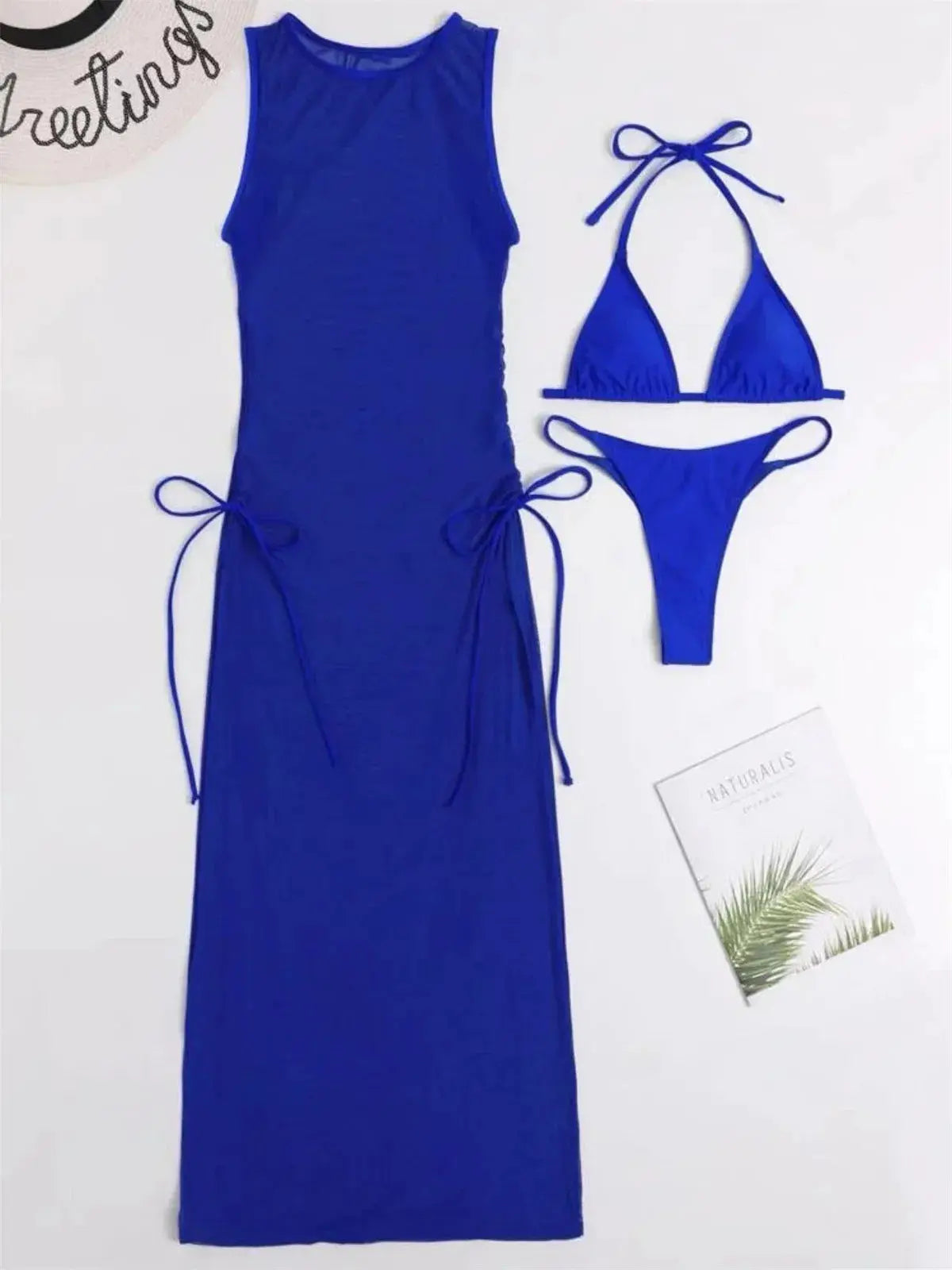 Sexy Sleeveless Mesh Bikini Cover Up Green White Dress 3 Piece Swimsuit Beach See Through Beach Bathing Suit Thong Swimwear 2024 Lizbert