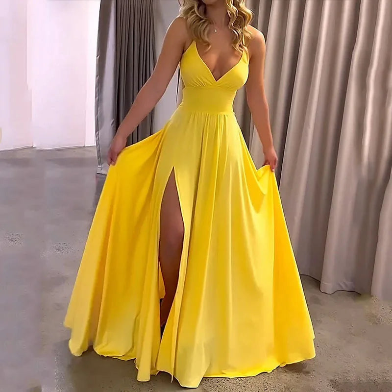 Women Sexy Spaghetti Strap V Neck Dresses Hollow Out Sleeveless Side Split Evening Dress Elegant Solid High Waist Pleat Vestidos - Lizbert