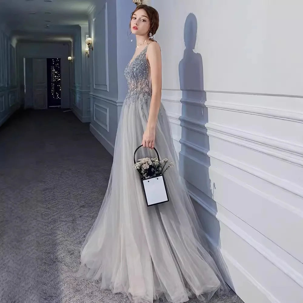 Summer Long Elegant Evening Party Gown V-Neck Prom Dresses Backless A-line Maxi Women Vestidos - Lizbert