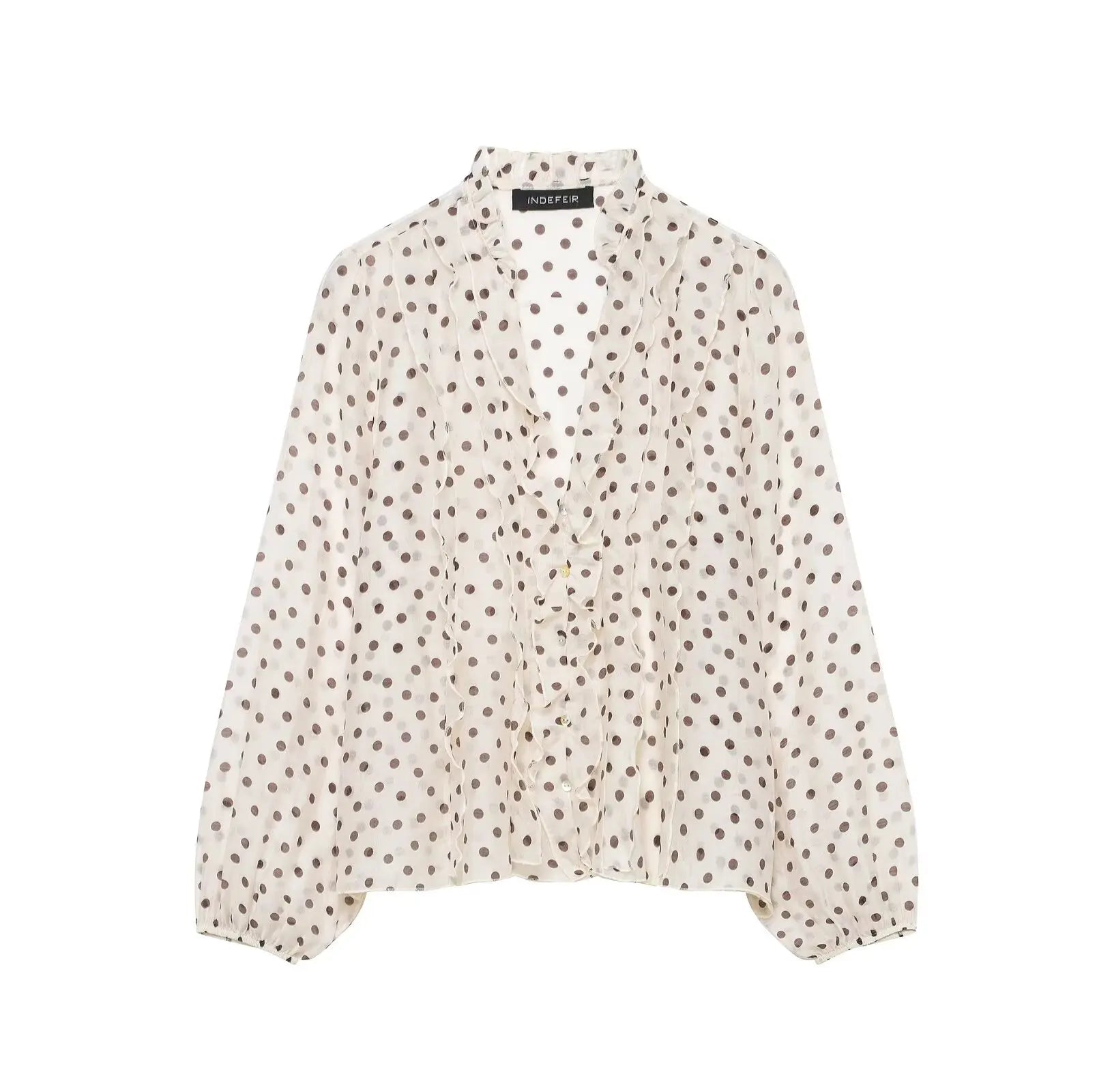 HH 2026 Spring Summer Trend Women Polka Dot Ruffled V Neck Blouse Long Sleeve Buttons Shirts Elegant Lady Chic Thin Shirt Tops Lizbert
