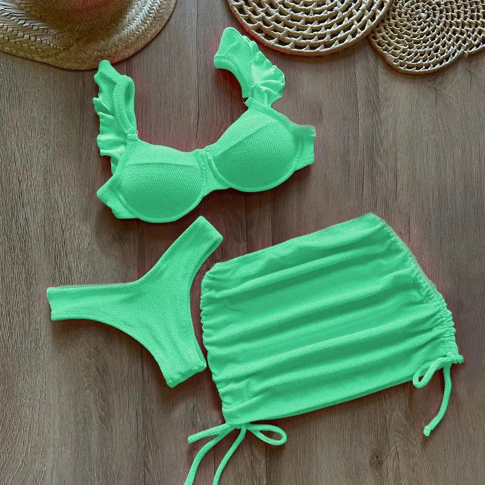 Solid Wavy Fabric Low Waist Bikini Set Cover Up Swimsuit For Women Push Up Ruffle Three Pieces Swimwear 2025 Beach Bathing Suits Lizbert