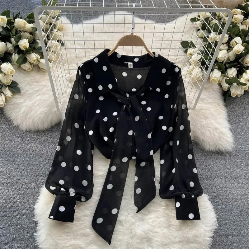 Chiffon Shirt Sweet Polka Dot Tops Blusas Femininas Elegantes Blouse Vintage Black Shirts Y2k New 2025 Spring Thin Lizbert