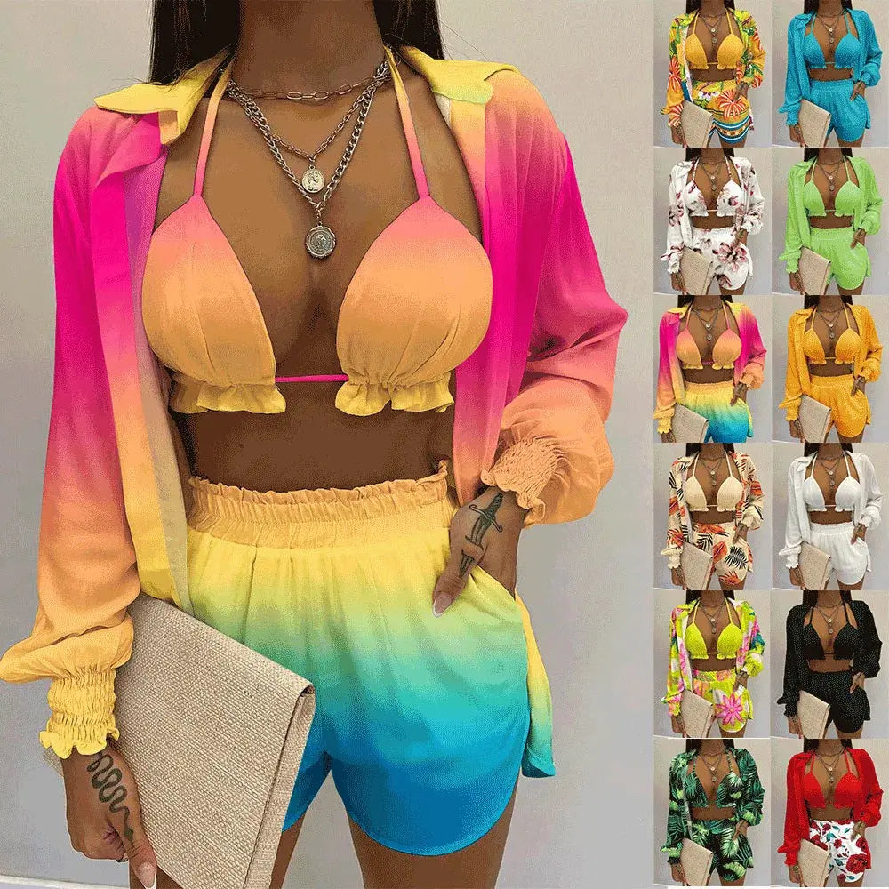2024 New Bathing Suit Shorts Cover Up Summer Three Pieces Swimwear Sexy Beachwear High Waist Bikini Set Print Women's Swimsuit Lizbert