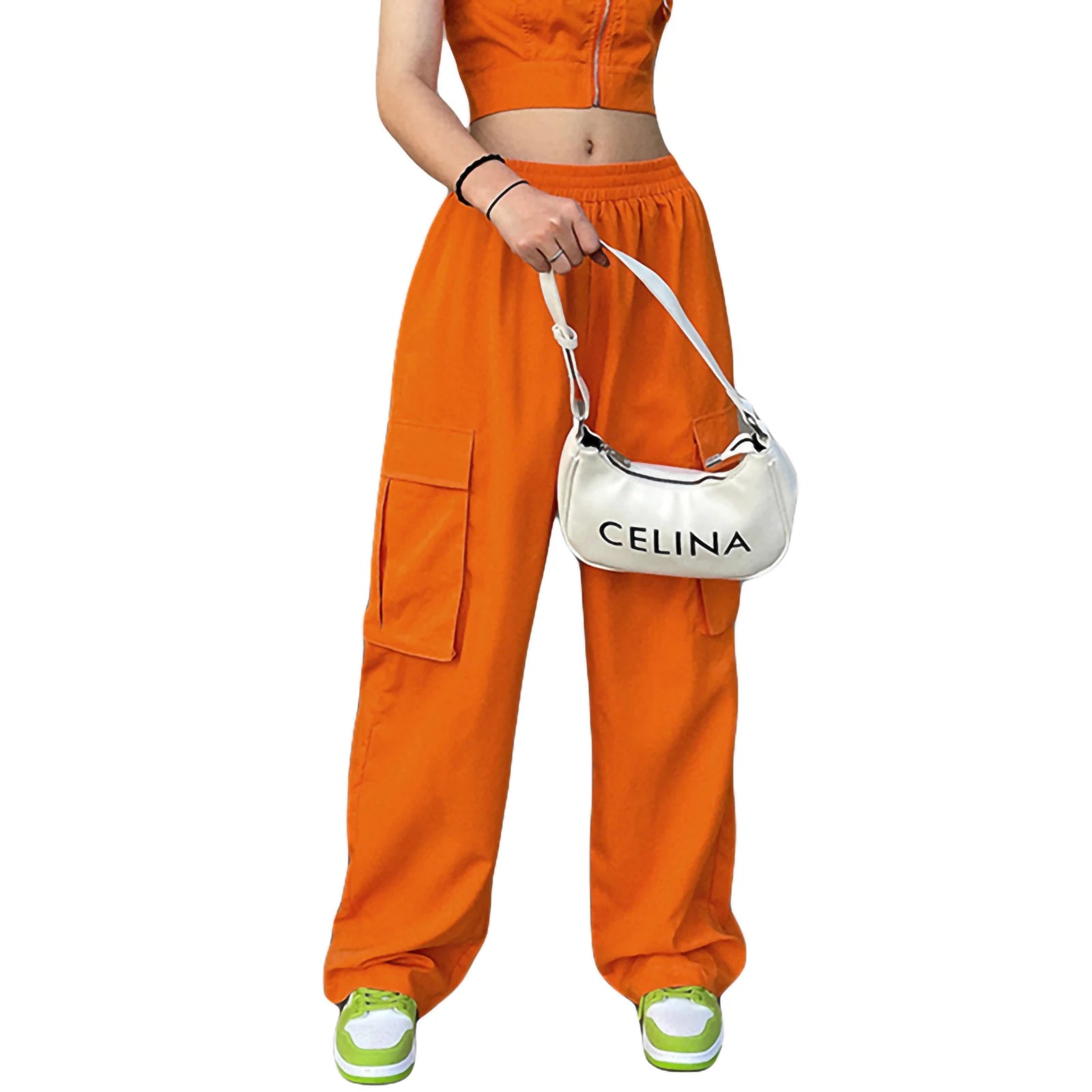 New Women's Casual Pants, Elastic Waist Solid Color Straight Leg Pocketed Loose Cargo Trousers - Lizbert