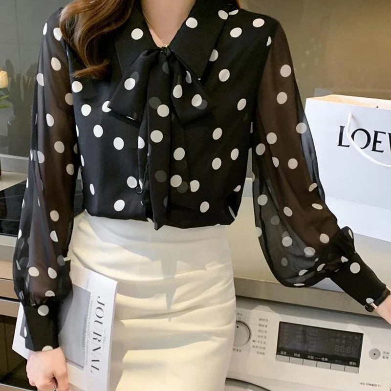 Spring Summer Polka Dot Printing Chiffon Shirt Women Fashion Turn-down Collar Bow Long Sleeve Blouse Female Single Breasted Tops Lizbert