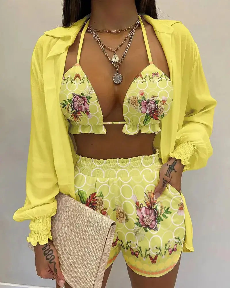 2024 New Bathing Suit Shorts Cover Up Summer Three Pieces Swimwear Sexy Beachwear High Waist Bikini Set Print Women's Swimsuit Lizbert