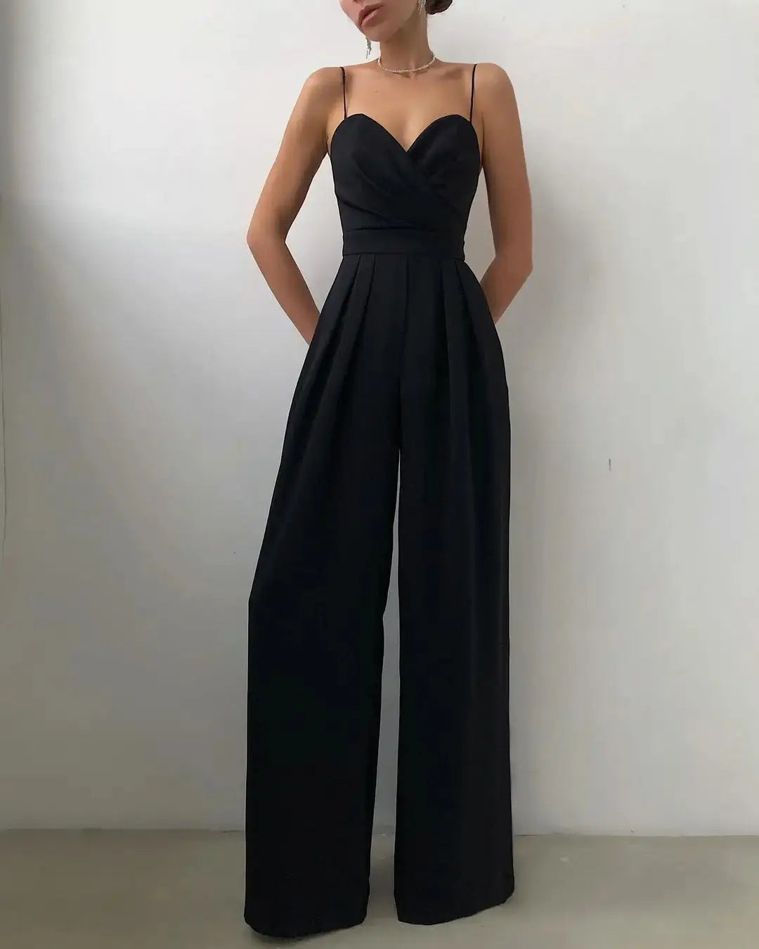 Chic Spaghetti Straps Wide Leg Pants Jumpsuits Elegant Fashion Women Ladies V-Neck High Waist Long Rompers Sleeveless Suit Lizbert
