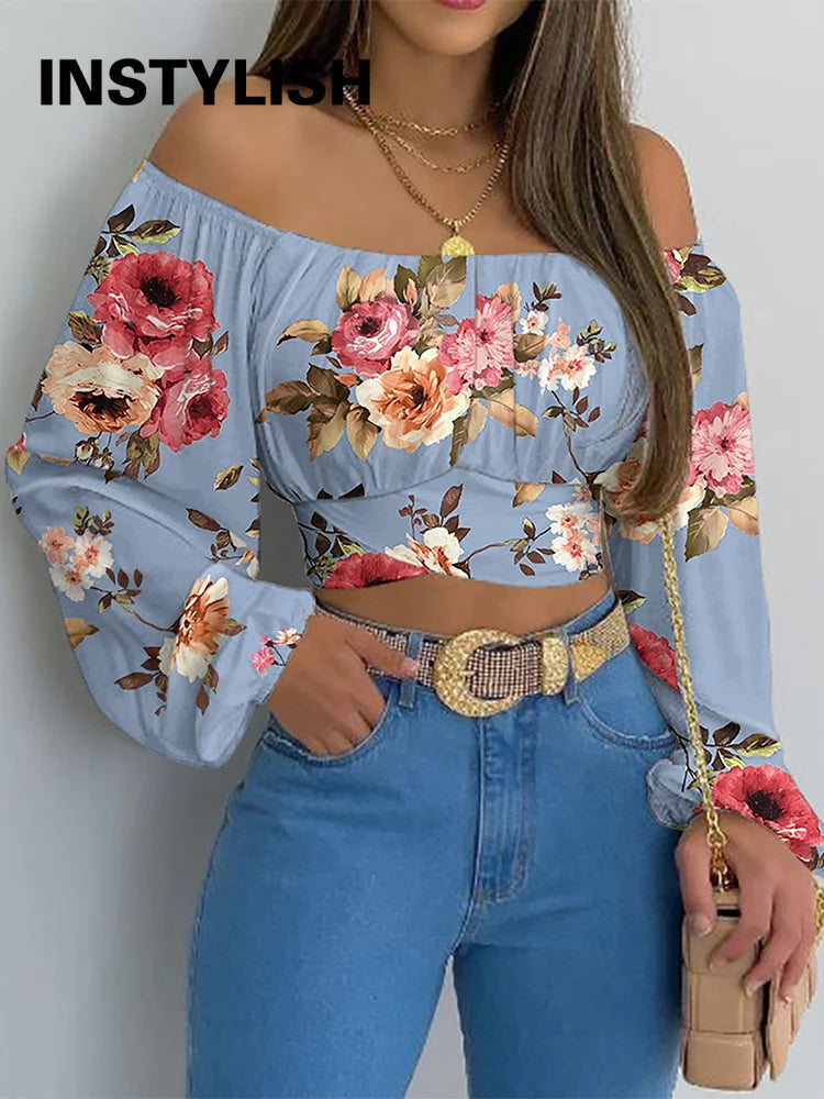 Women Elegant Boho Print Blouse Casual Long Lantern Sleeve Off Shoulder Slim Shirt Female Chic Cropped Top Summer Tunics Lizbert