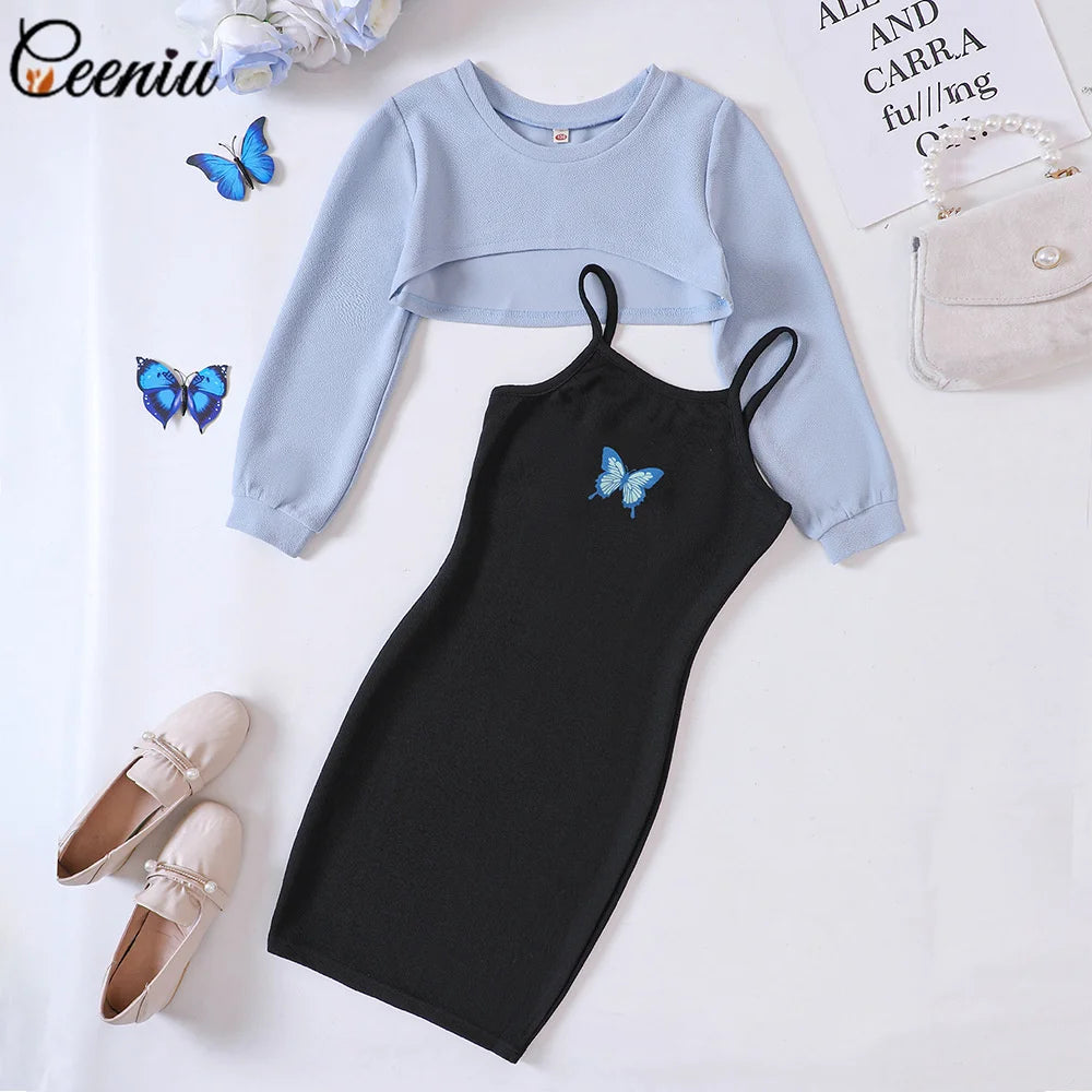 Ceeniu 7-12Y Teenage Clothes Girls Dress Sets Short Top Coat and Plaid Hip Children Dresses For Teenager Girls Teen Dress Lizbert