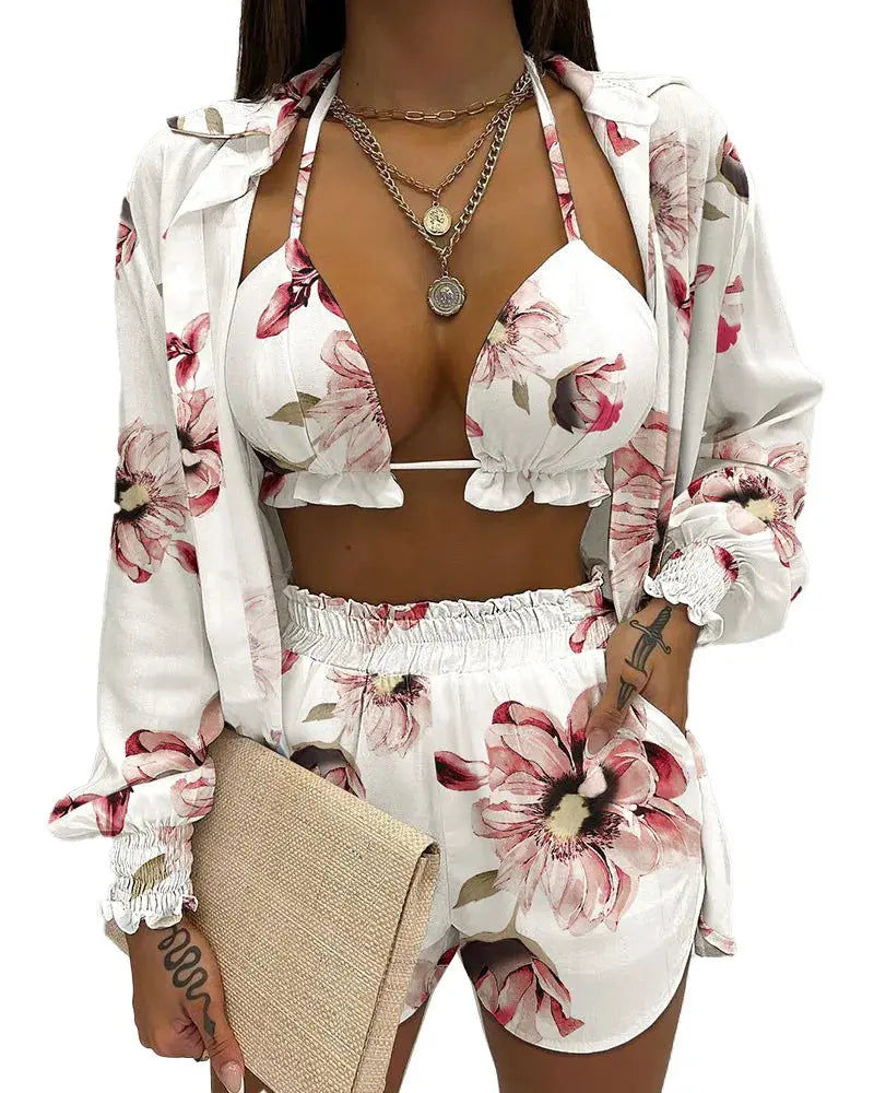 2024 New Bathing Suit Shorts Cover Up Summer Three Pieces Swimwear Sexy Beachwear High Waist Bikini Set Print Women's Swimsuit Lizbert