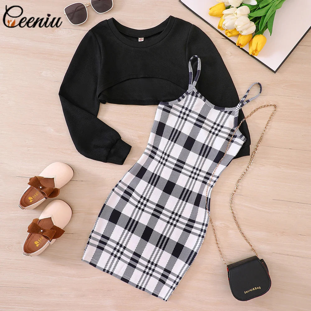 Ceeniu 7-12Y Teenage Clothes Girls Dress Sets Short Top Coat and Plaid Hip Children Dresses For Teenager Girls Teen Dress Lizbert