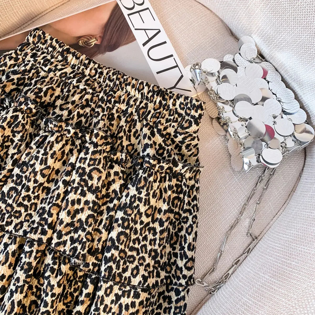Chiffon Leopard Mini Skirts Women Y2k Retro Summer Elastic Waist Stylish Streetwear Korean Style Temperament Cake Faldas Tender Lizbert