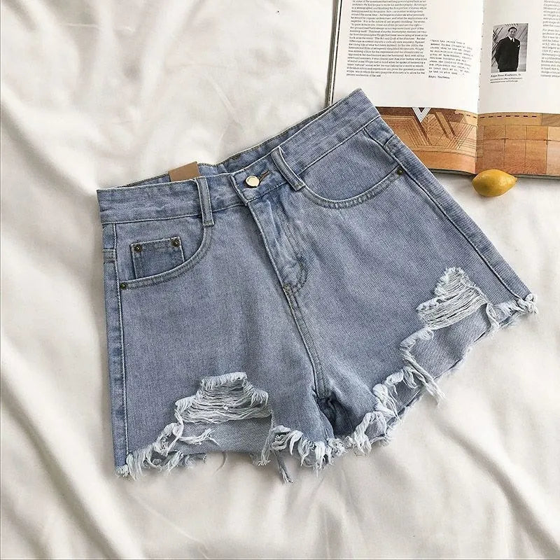 Korean Denim Shorts Women Summer Fashion Casual High Waist Ripped Jeans Pocket Tassel Y2K Hot Pants Streetwear Blue Trousers Lizbert