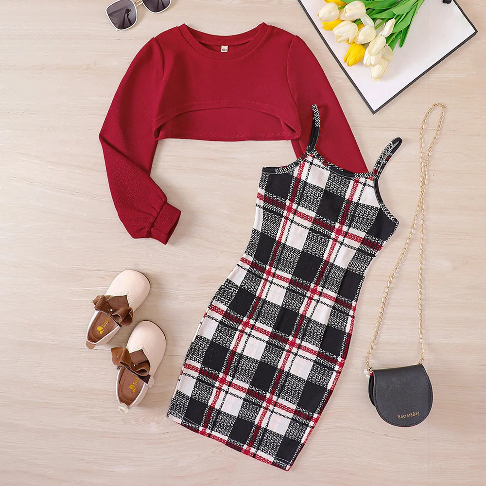 Ceeniu 7-12Y Teenage Clothes Girls Dress Sets Short Top Coat and Plaid Hip Children Dresses For Teenager Girls Teen Dress Lizbert