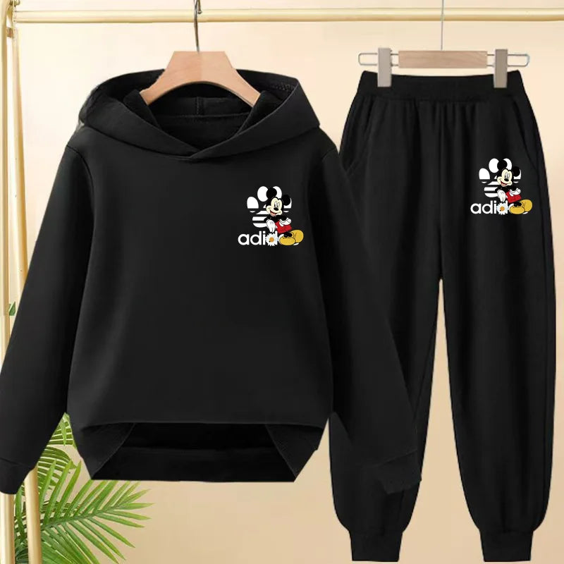 Children's Black Hoodie Anime Mickey Print Pullover 3-12Yrs Coat Sweatshirt+Pants Boys Girls Toddler Sports Clothing Leisure Set