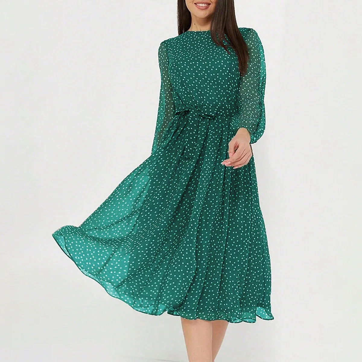 Print Dot Dress Women Casual Long Sleeve Round Neck Midi Dresses Lace Up Vocation Elegant Vestidos Summer 2025 Y2k Streetwear Lizbert